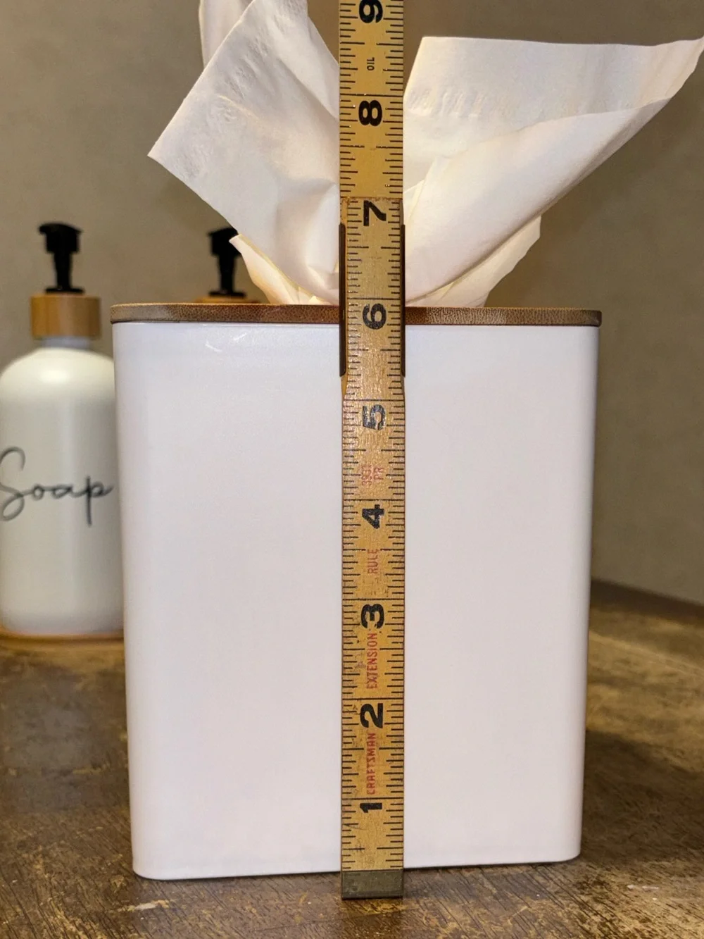Modern Bamboo Bathroom Set Soap Lotion Dispensers Tissue Box White 3 Pc